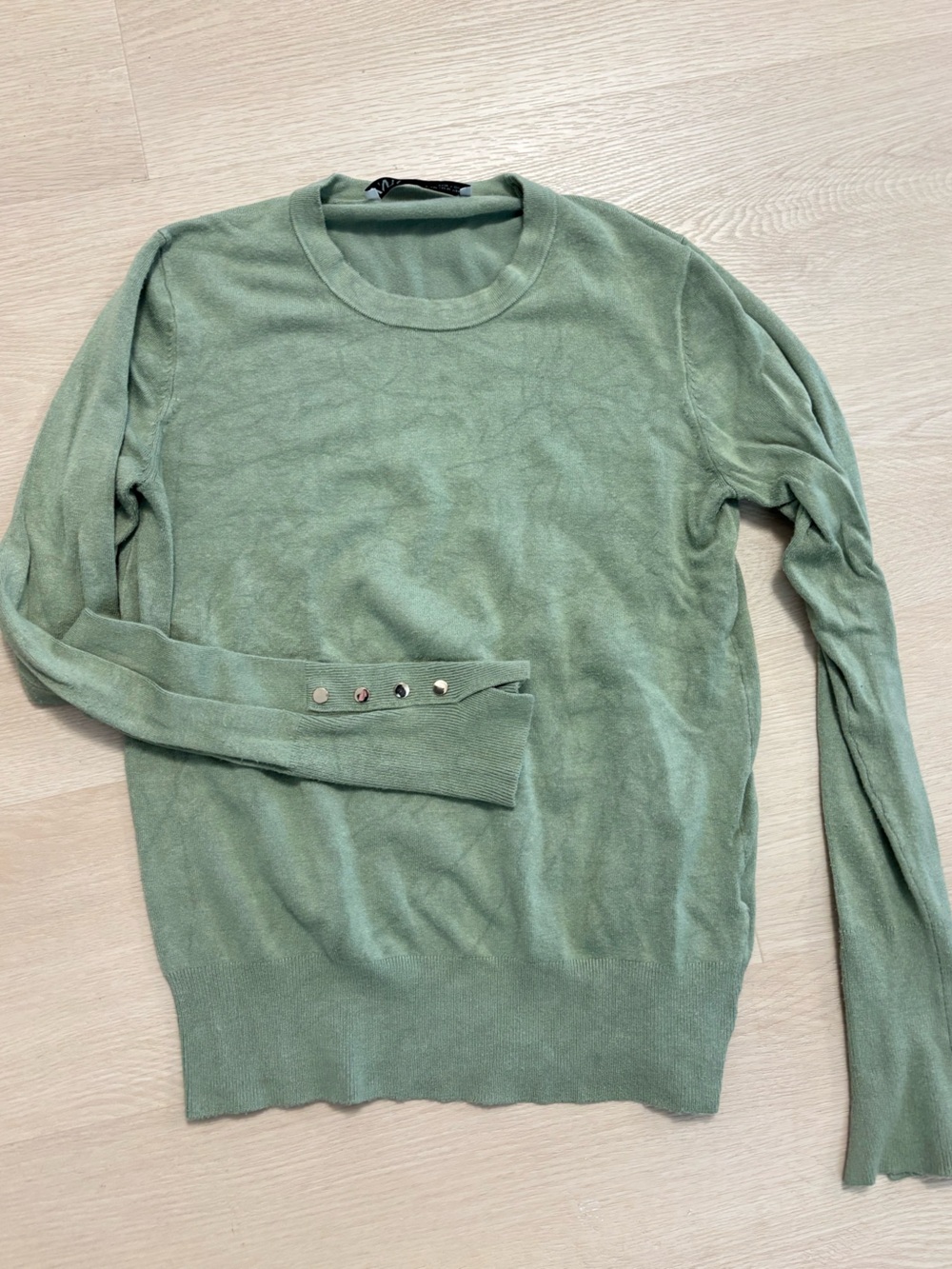 Zara Light Sage Green Crewneck Sweater with Button Cuff